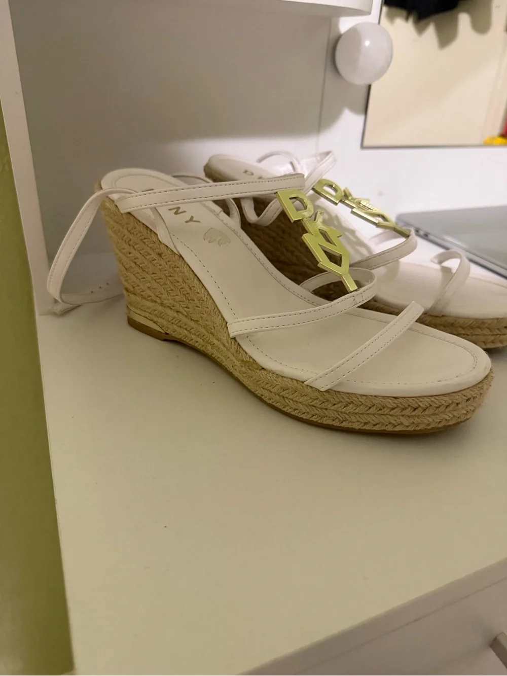 DKNY White Woven Espadrille Wedge Sandals with Gold Logo Accents